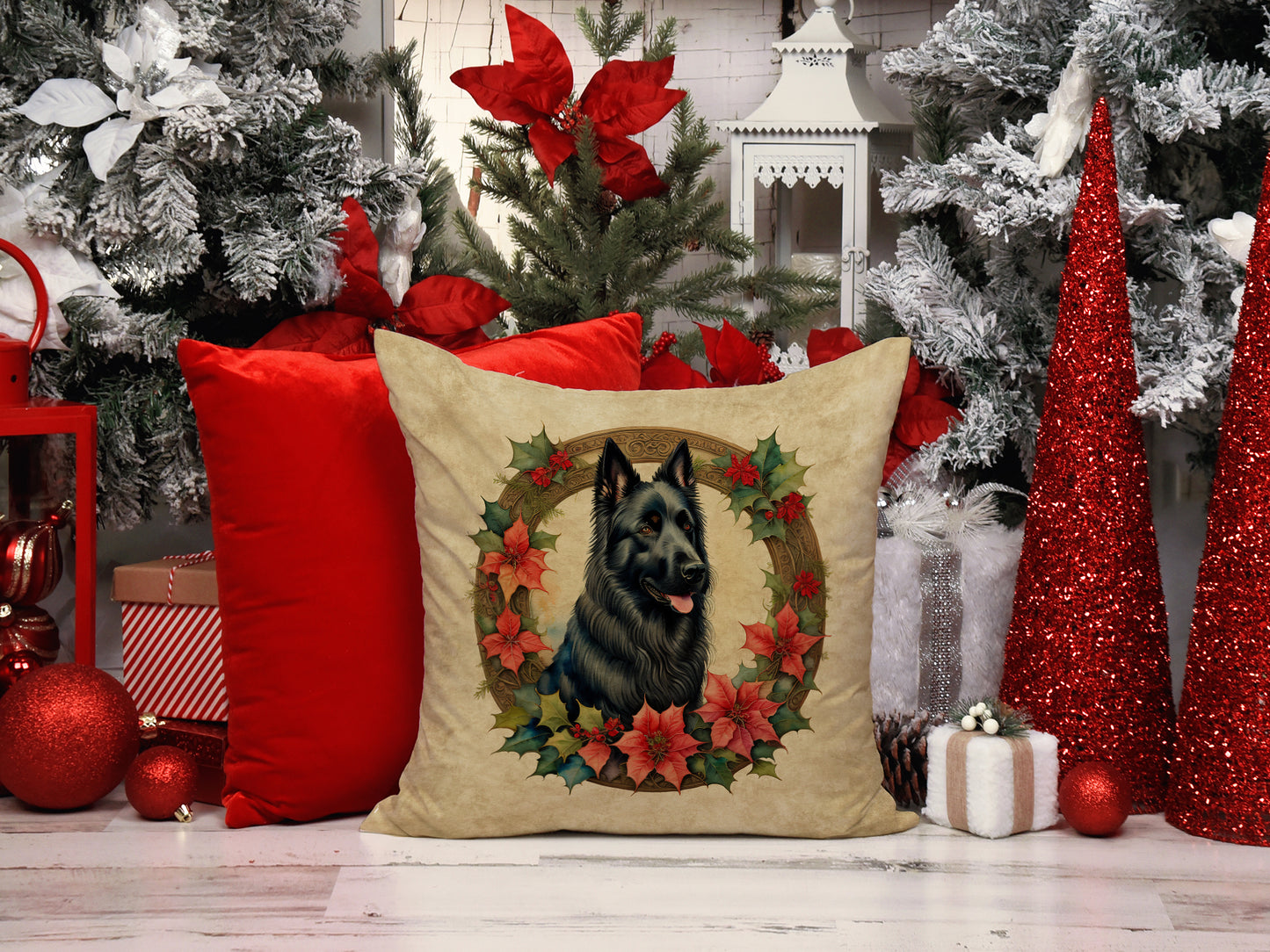 Belgian Sheepdog Christmas Flowers Throw Pillow