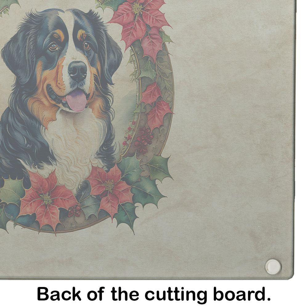 Bernese Mountain Dog Christmas Flowers Glass Cutting Board