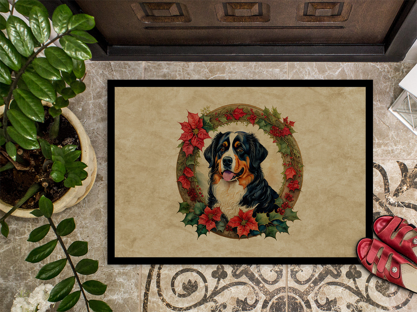 Bernese Mountain Dog Christmas Flowers Doormat