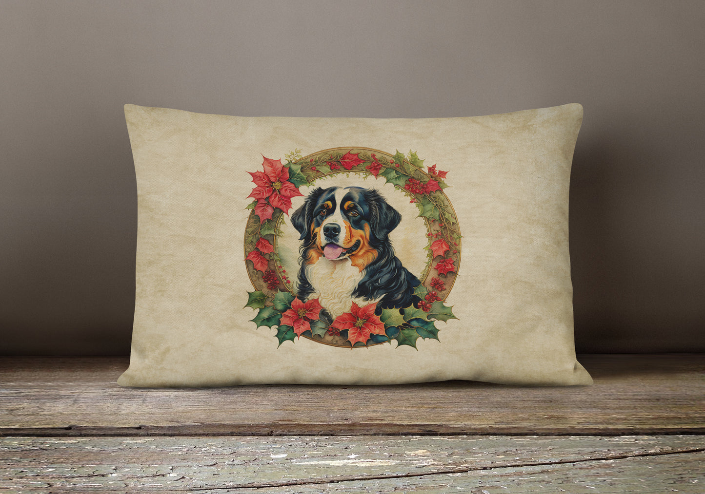 Bernese Mountain Dog Christmas Flowers Throw Pillow