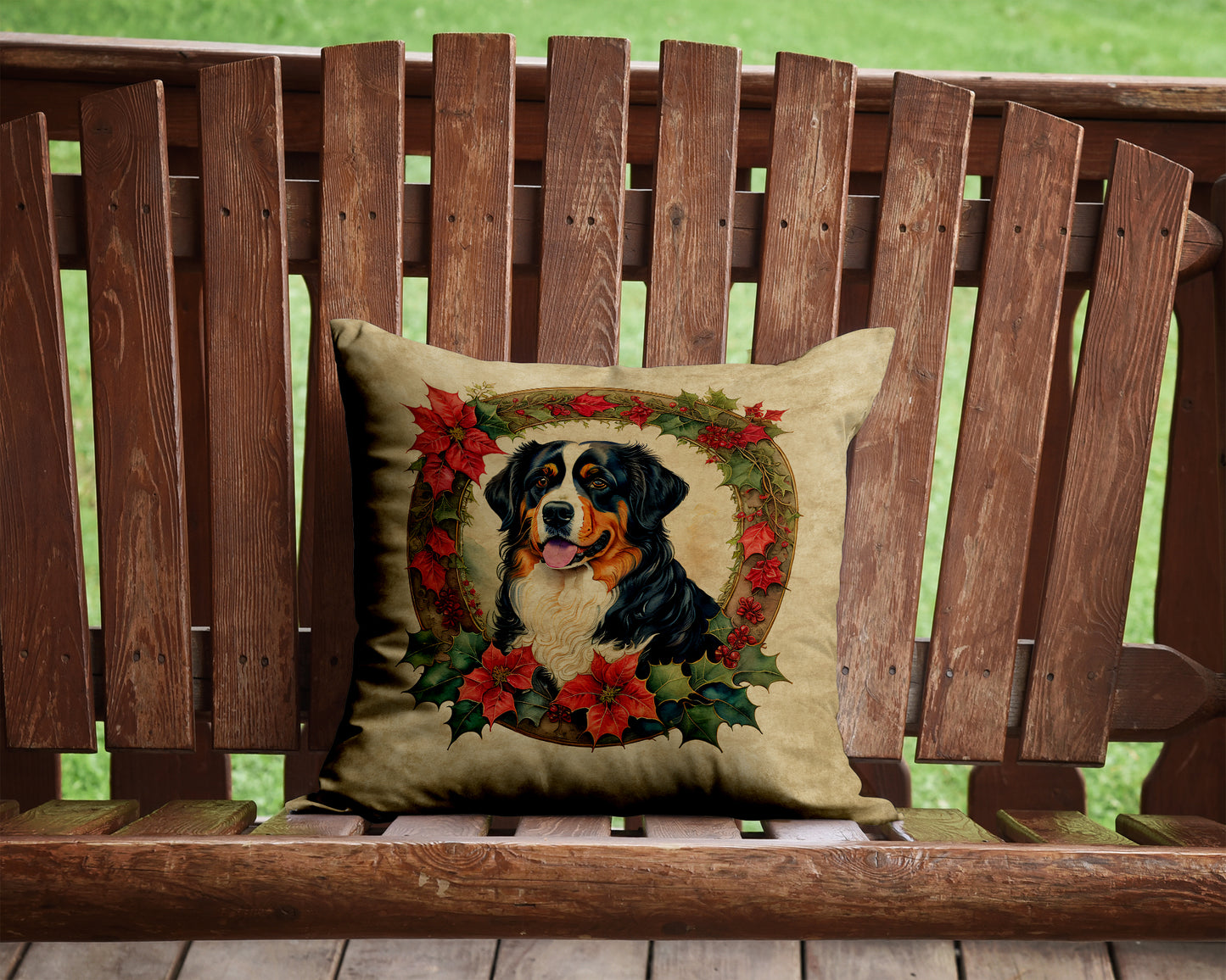 Bernese Mountain Dog Christmas Flowers Throw Pillow