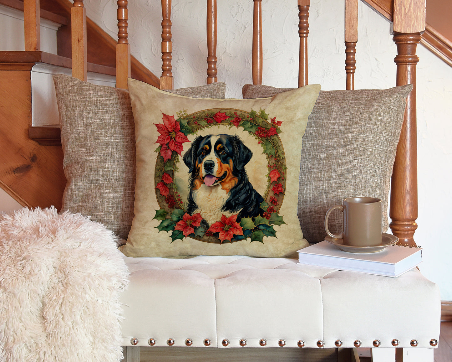 Bernese Mountain Dog Christmas Flowers Throw Pillow