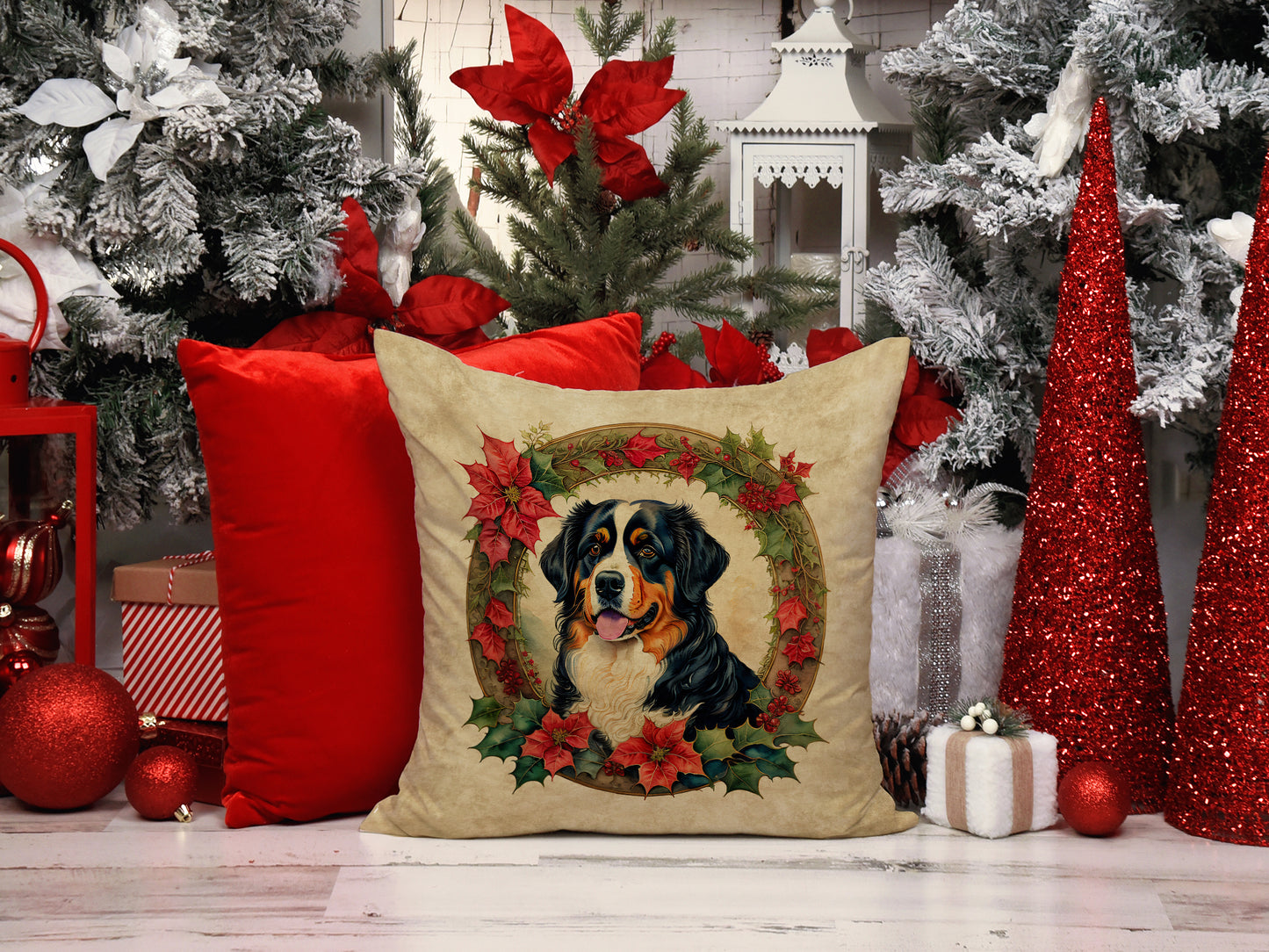 Bernese Mountain Dog Christmas Flowers Throw Pillow