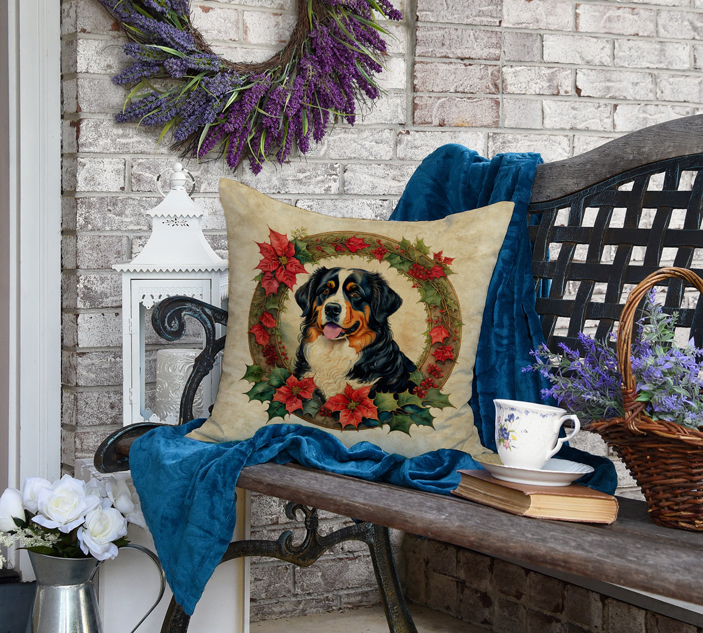 Bernese Mountain Dog Christmas Flowers Throw Pillow