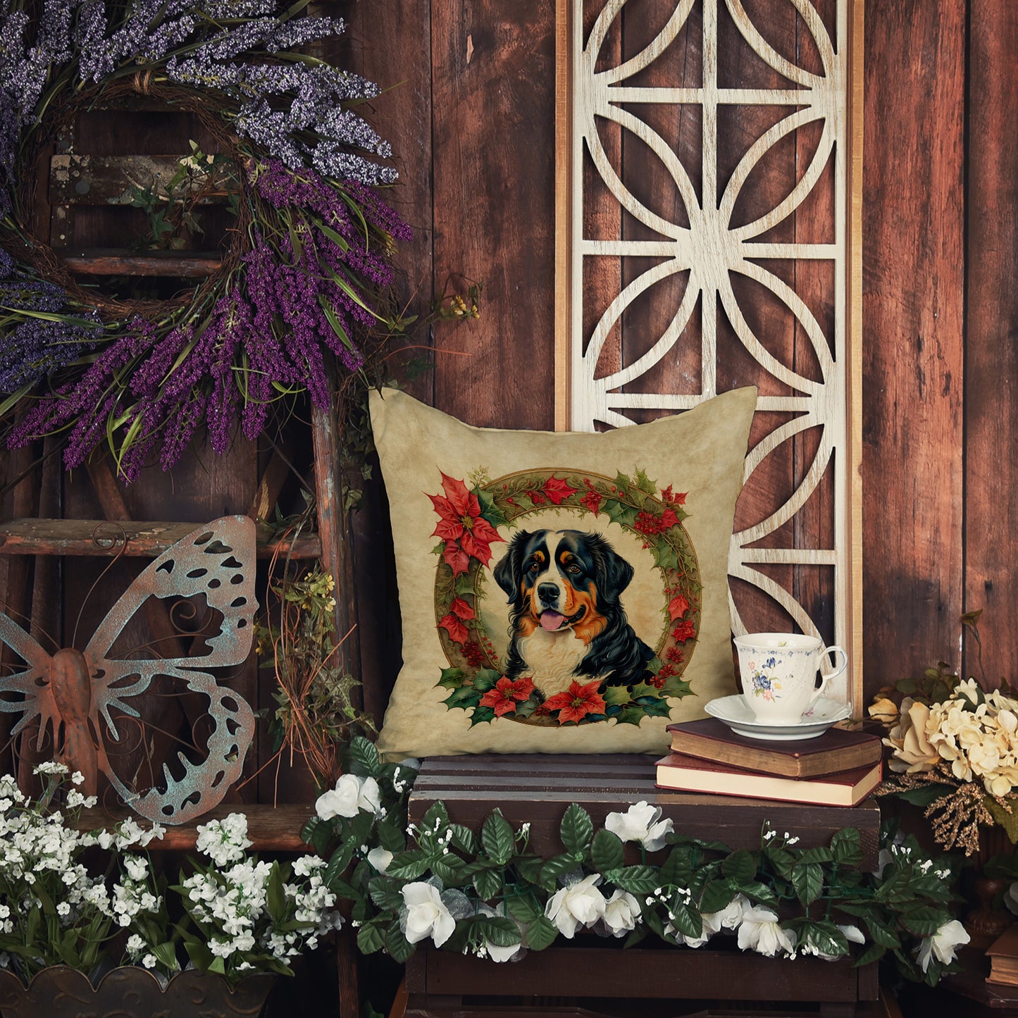 Bernese Mountain Dog Christmas Flowers Throw Pillow