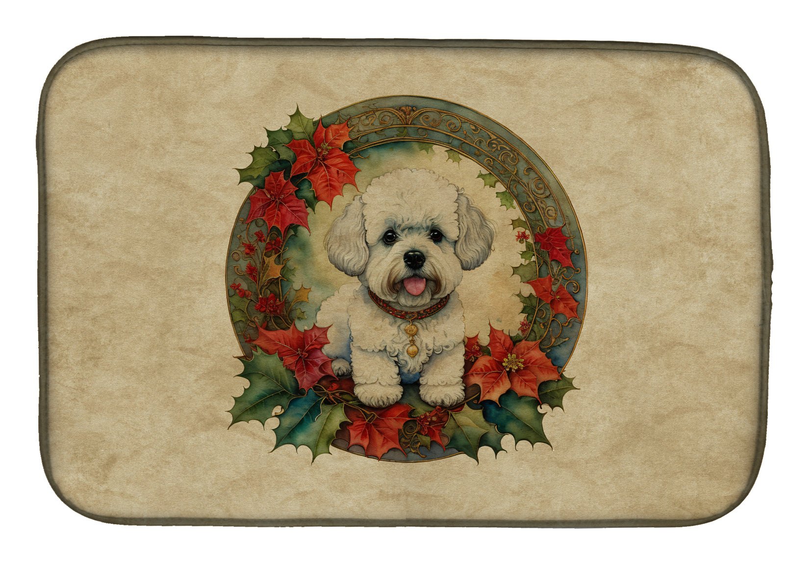 Buy this Bichon Frise Christmas Flowers Dish Drying Mat