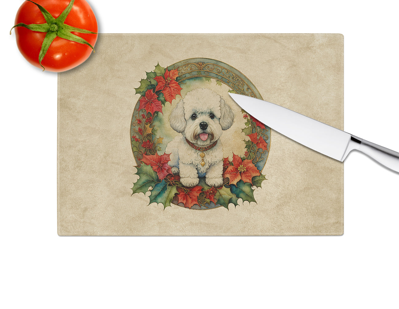 Bichon Frise Christmas Flowers Glass Cutting Board