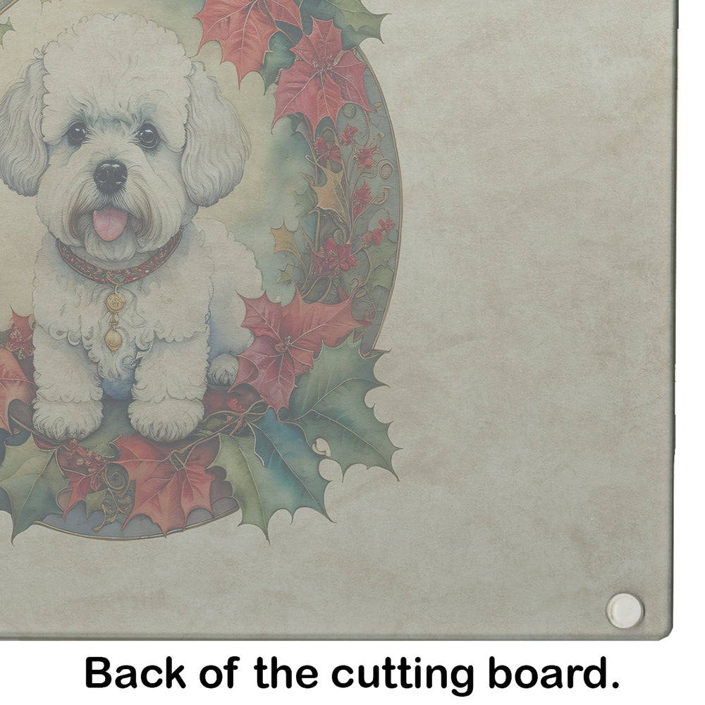 Bichon Frise Christmas Flowers Glass Cutting Board