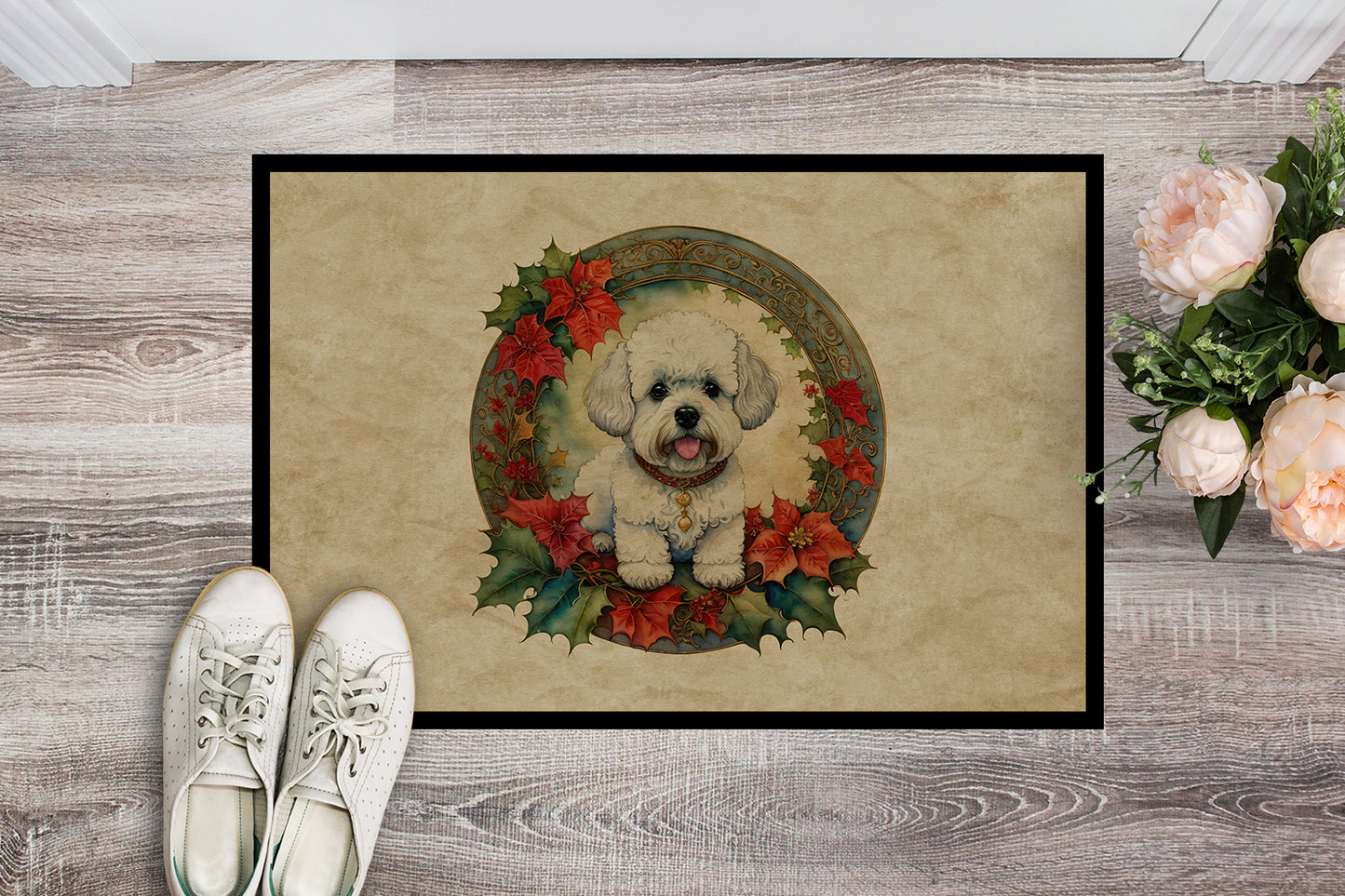 Bichon Frise Christmas Flowers Doormat