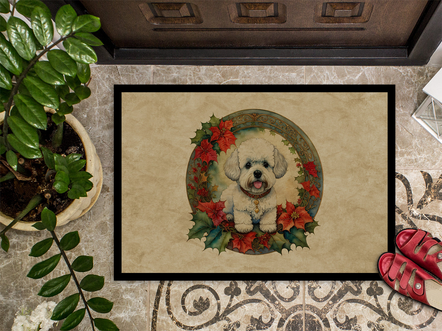 Bichon Frise Christmas Flowers Doormat