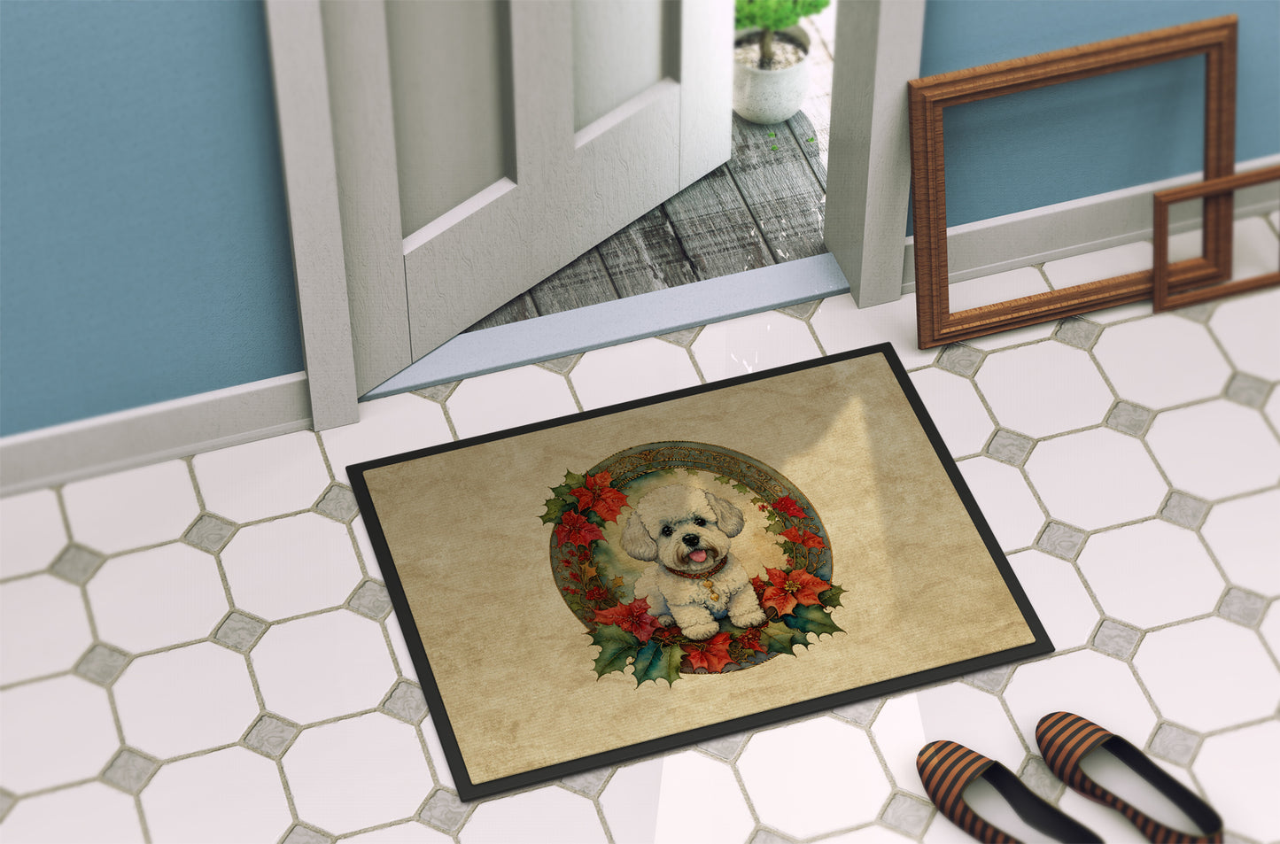 Bichon Frise Christmas Flowers Doormat