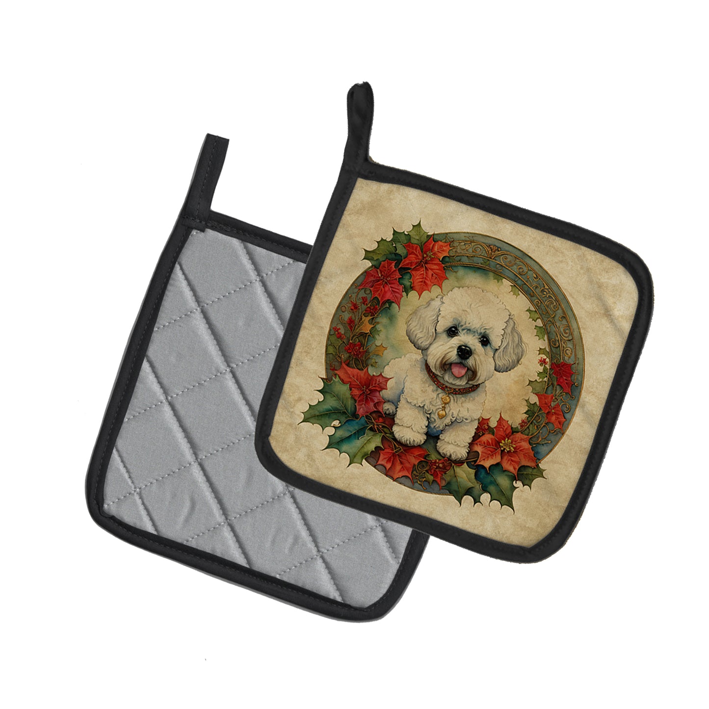 Bichon Frise Christmas Flowers Pair of Pot Holders