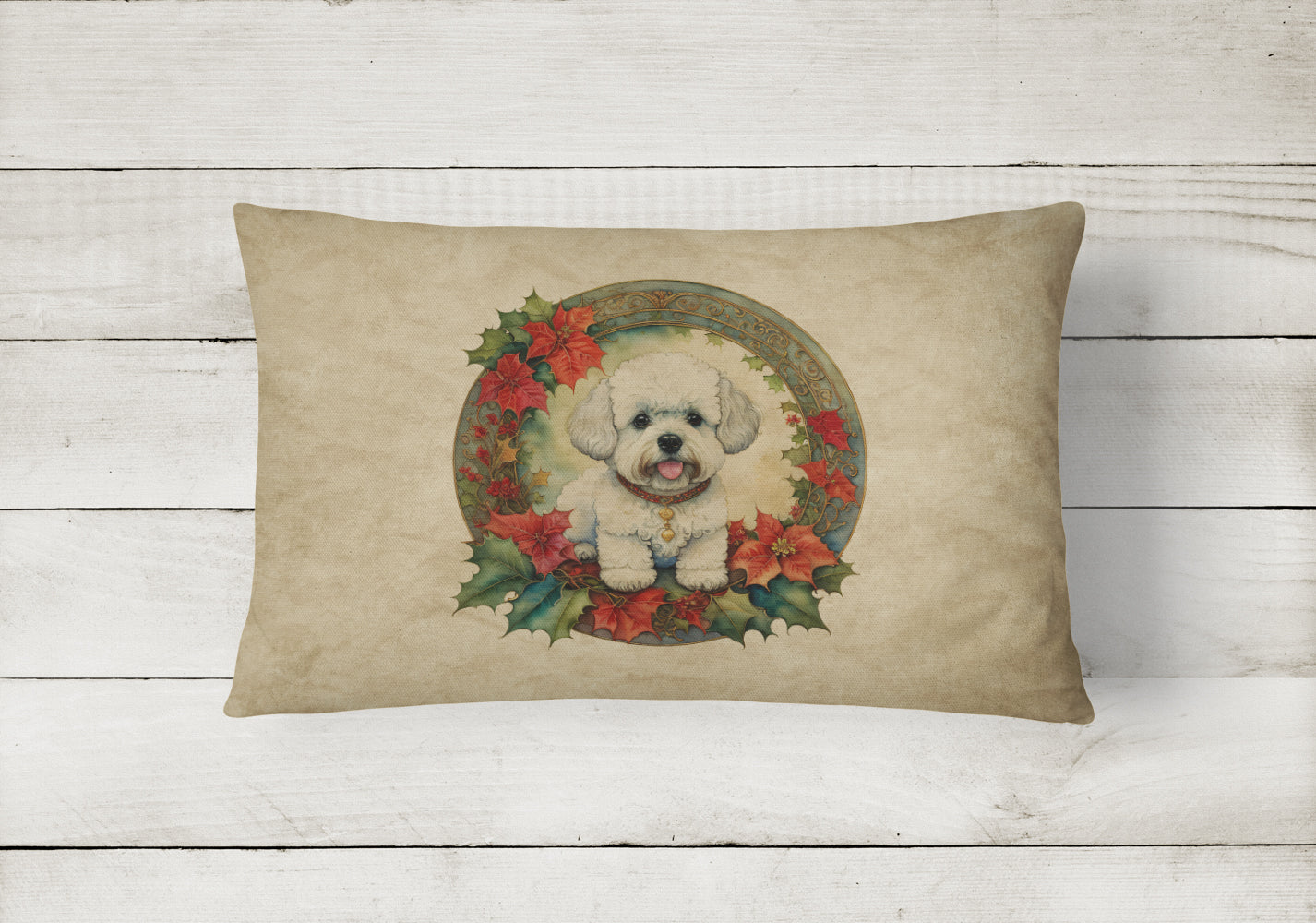 Bichon Frise Christmas Flowers Throw Pillow