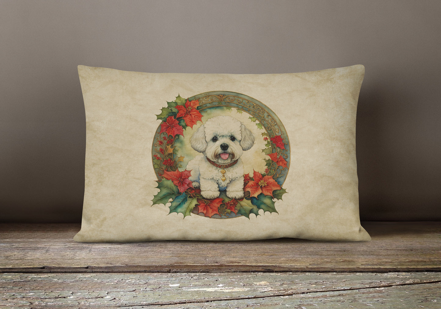 Bichon Frise Christmas Flowers Throw Pillow