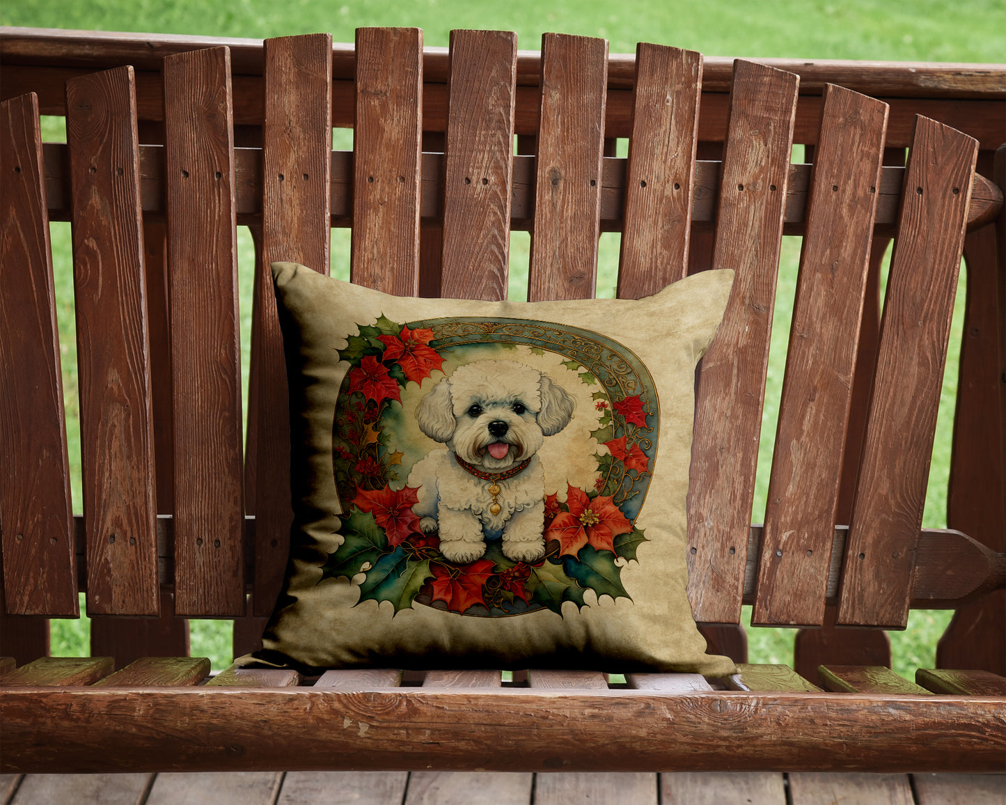 Bichon Frise Christmas Flowers Throw Pillow