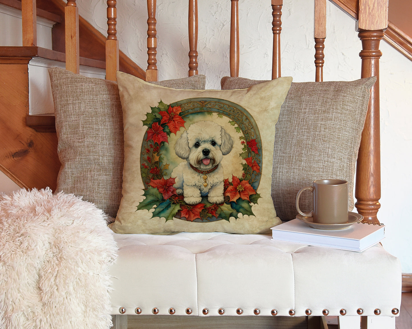 Bichon Frise Christmas Flowers Throw Pillow