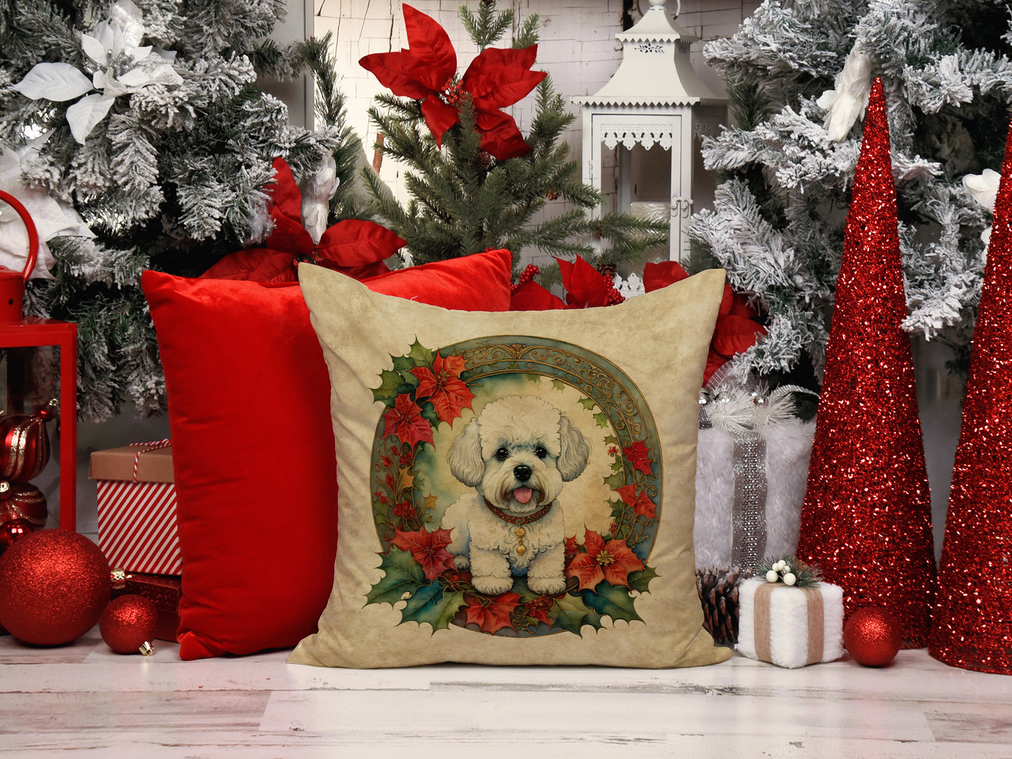 Bichon Frise Christmas Flowers Throw Pillow