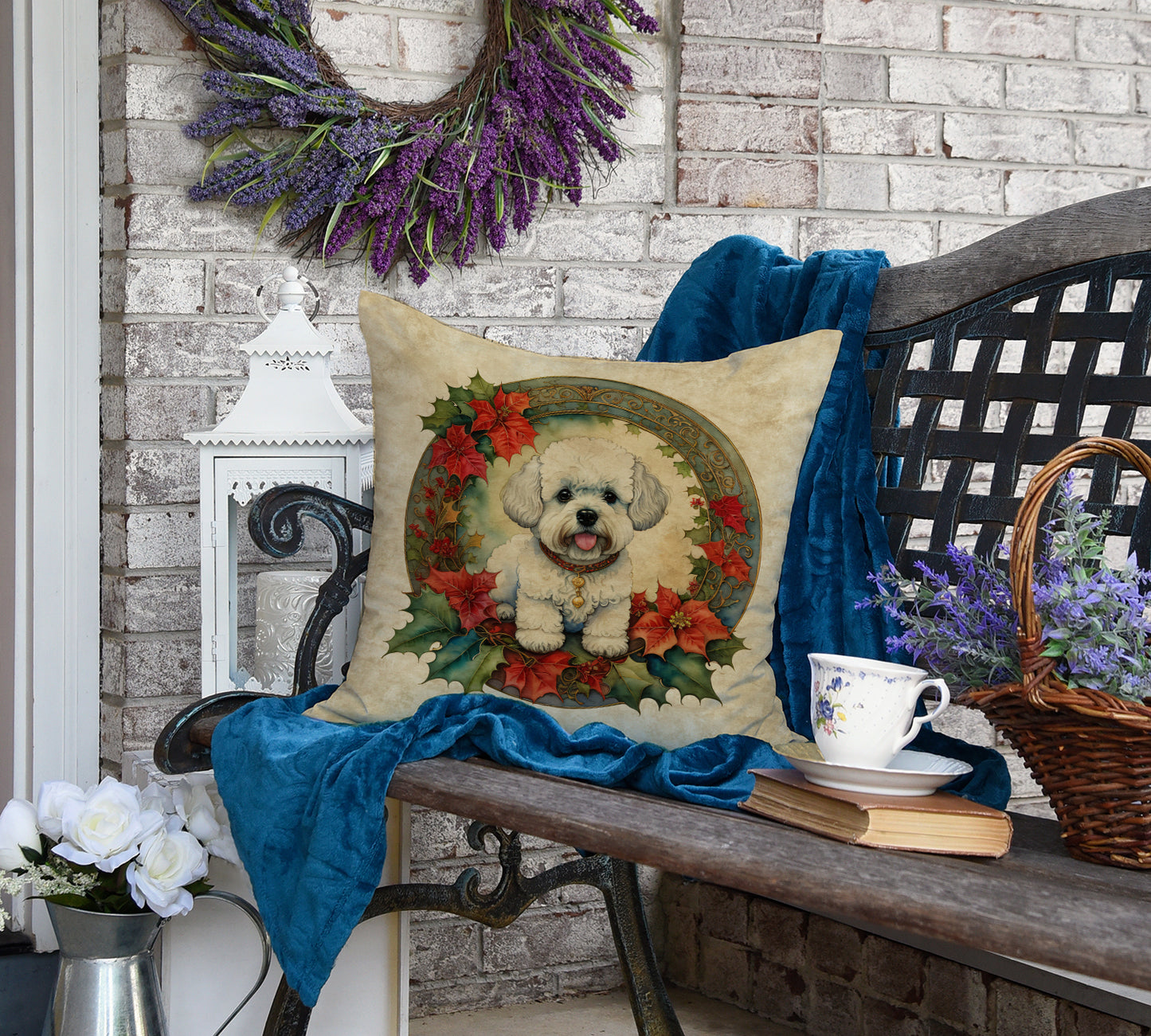 Bichon Frise Christmas Flowers Throw Pillow