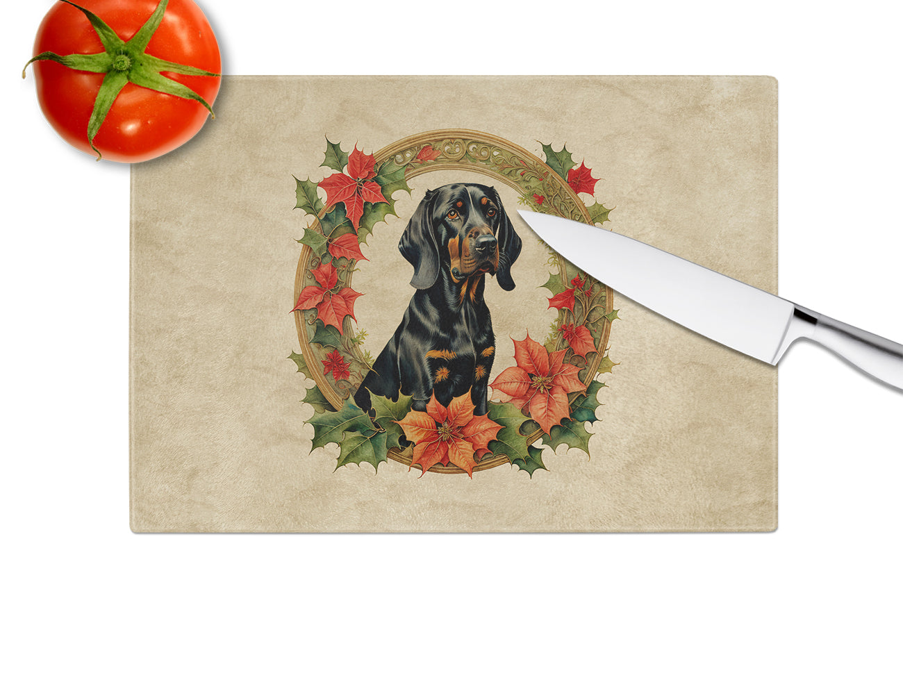 Black and Tan Coonhound Christmas Flowers Glass Cutting Board