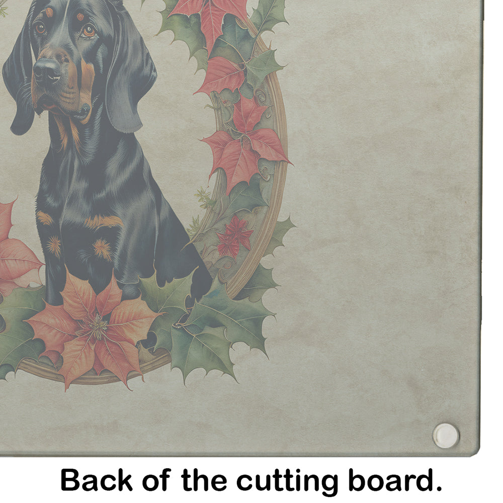 Black and Tan Coonhound Christmas Flowers Glass Cutting Board