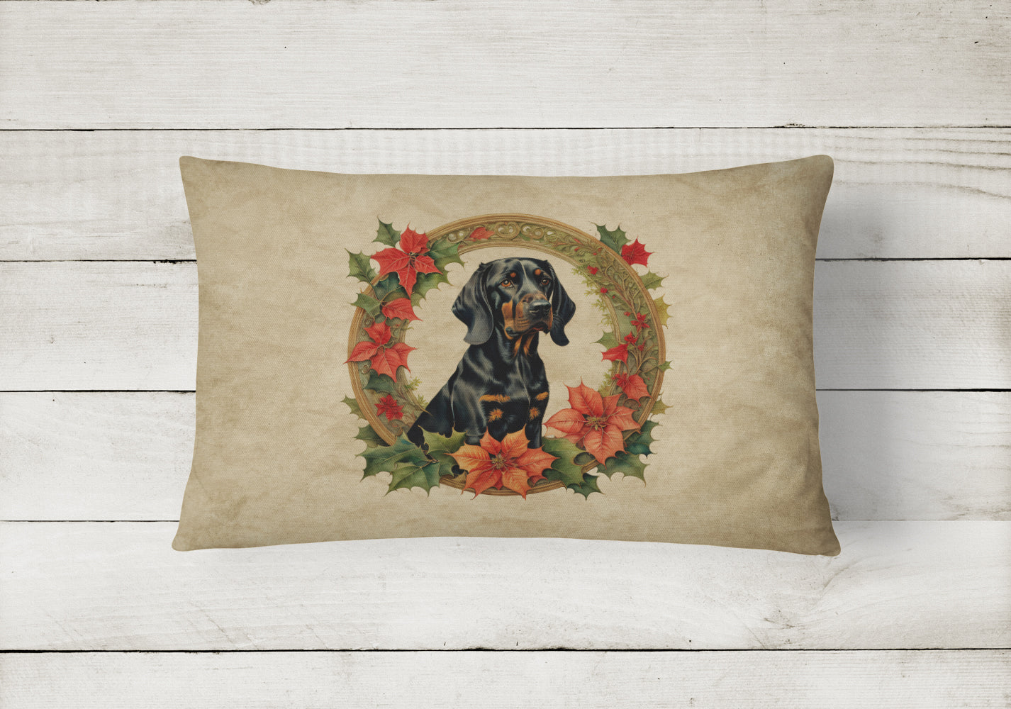 Black and Tan Coonhound Christmas Flowers Throw Pillow