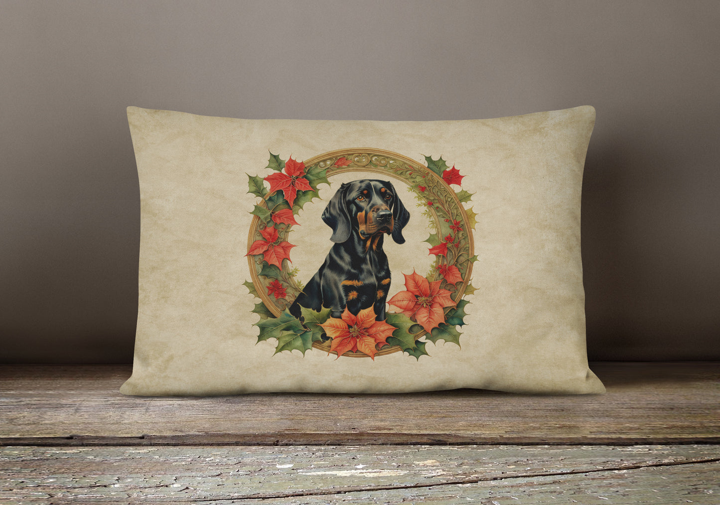 Black and Tan Coonhound Christmas Flowers Throw Pillow