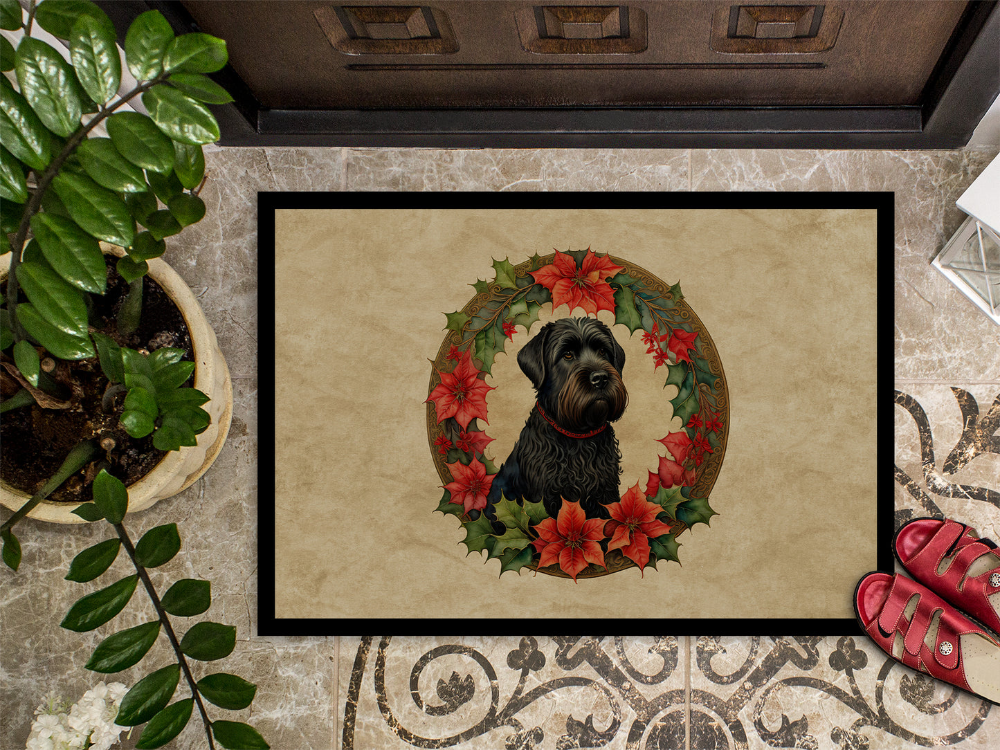 Black Russian Terrier Christmas Flowers Doormat