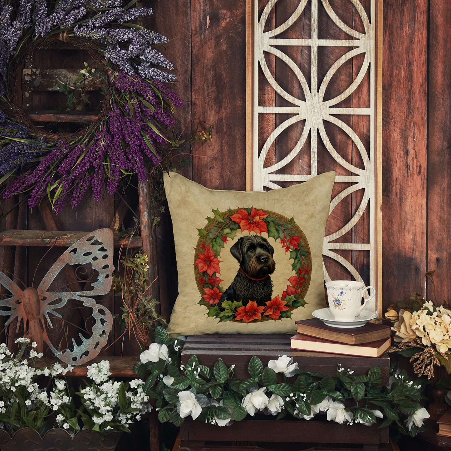 Black Russian Terrier Christmas Flowers Throw Pillow