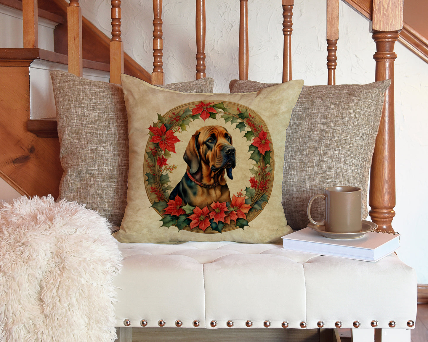 Bloodhound Christmas Flowers Throw Pillow