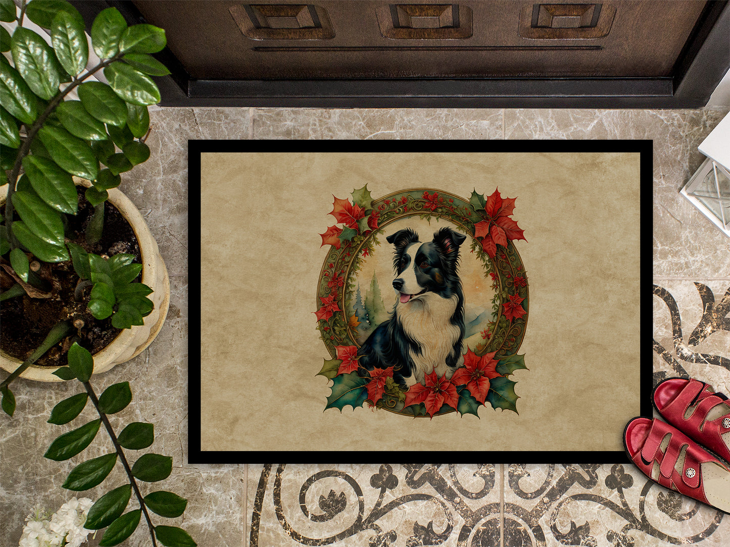 Border Collie Christmas Flowers Doormat