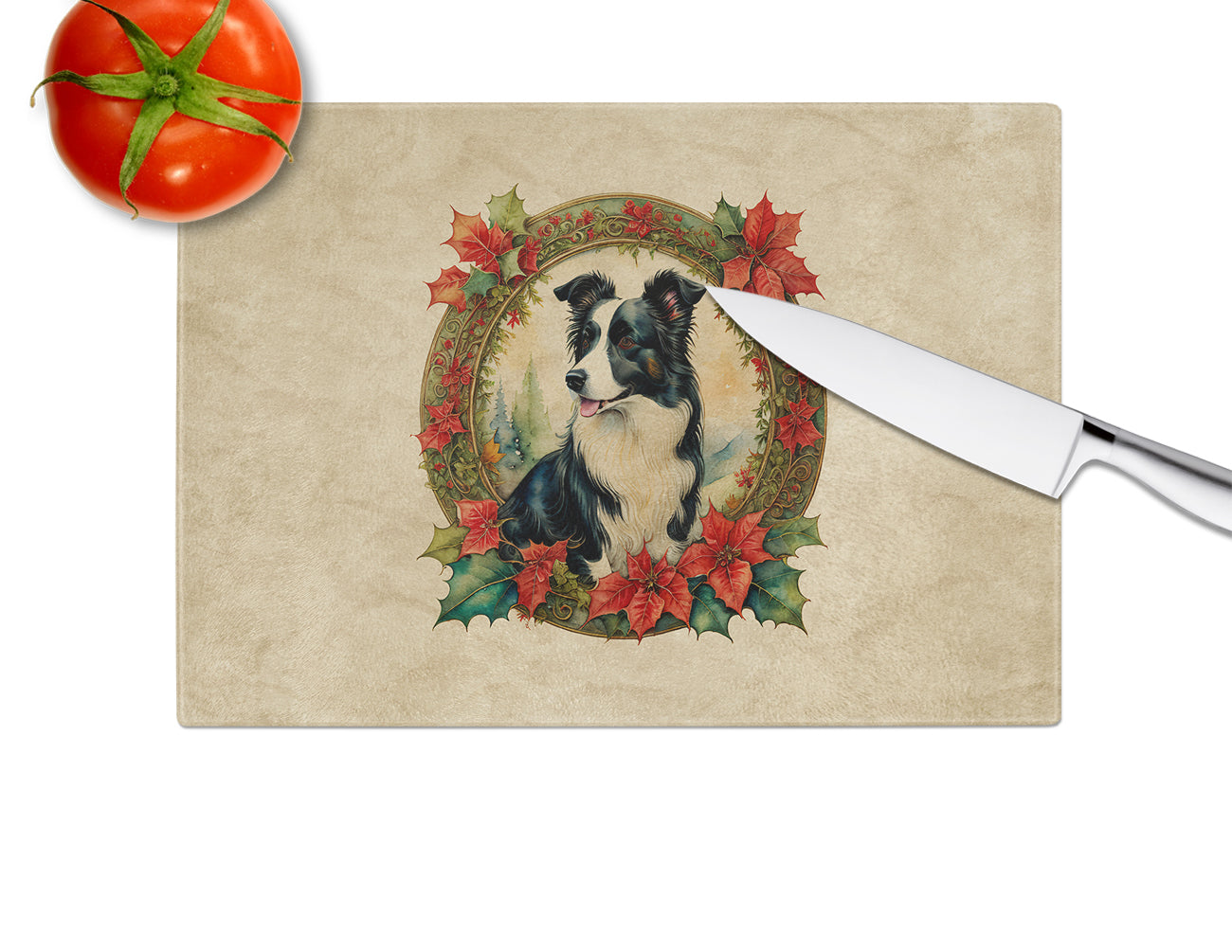 Border Collie Christmas Flowers Glass Cutting Board