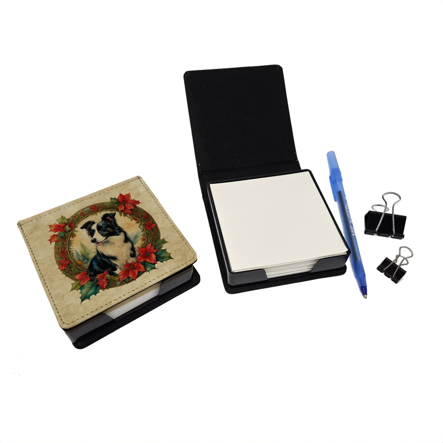 Border Collie Christmas Flowers PU Leather Note Paper Holder