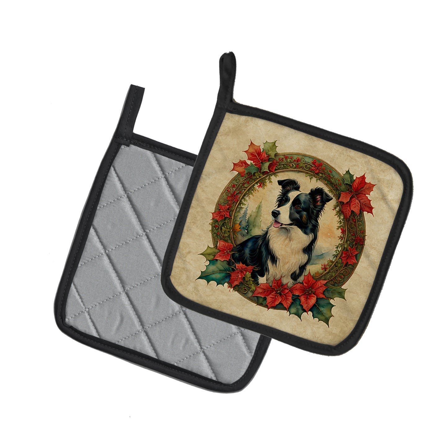 Border Collie Christmas Flowers Pair of Pot Holders