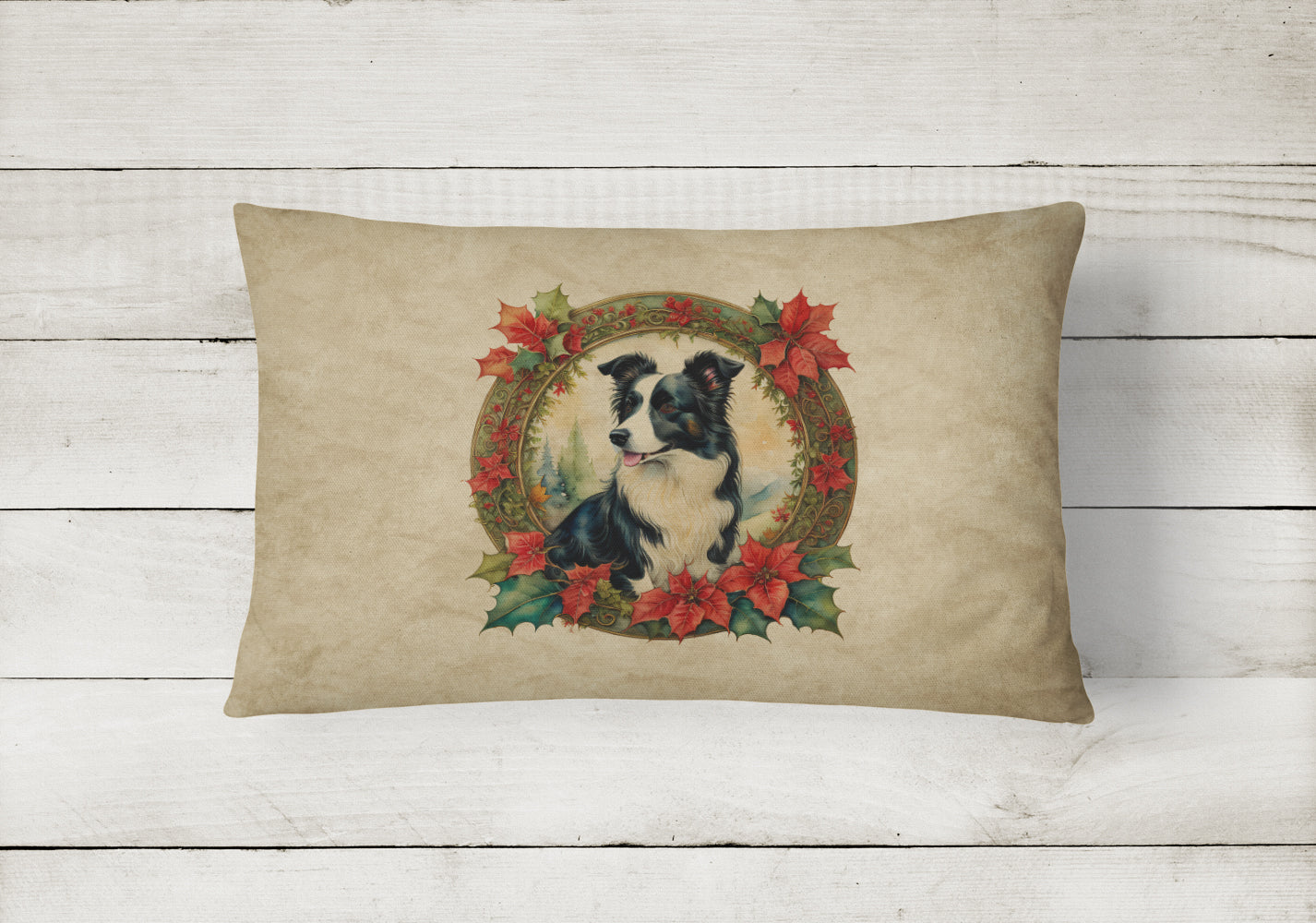 Border Collie Christmas Flowers Throw Pillow