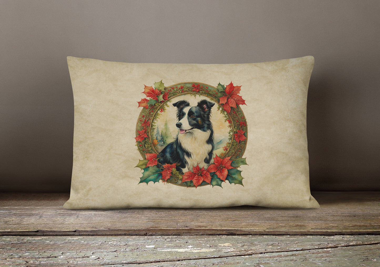 Border Collie Christmas Flowers Throw Pillow