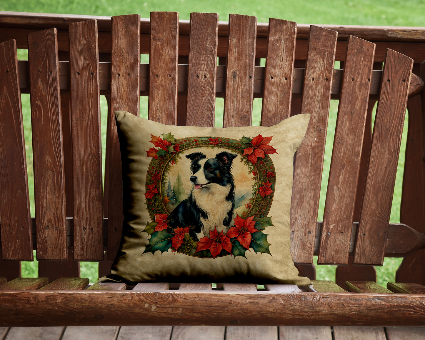 Border Collie Christmas Flowers Throw Pillow