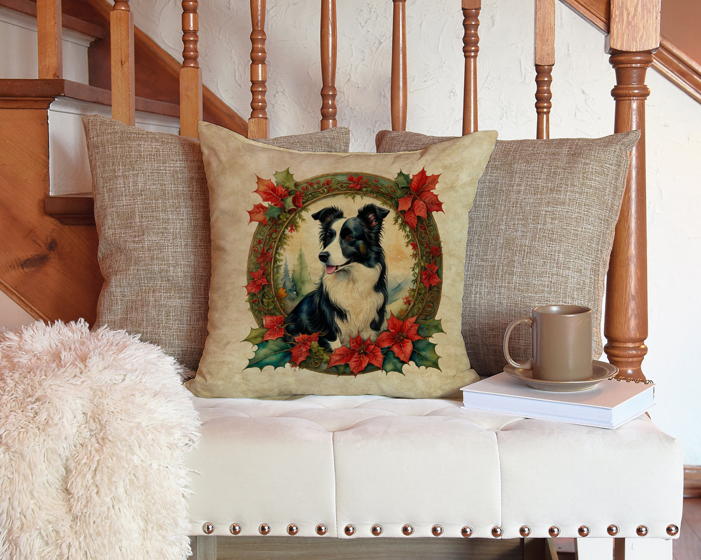 Border Collie Christmas Flowers Throw Pillow