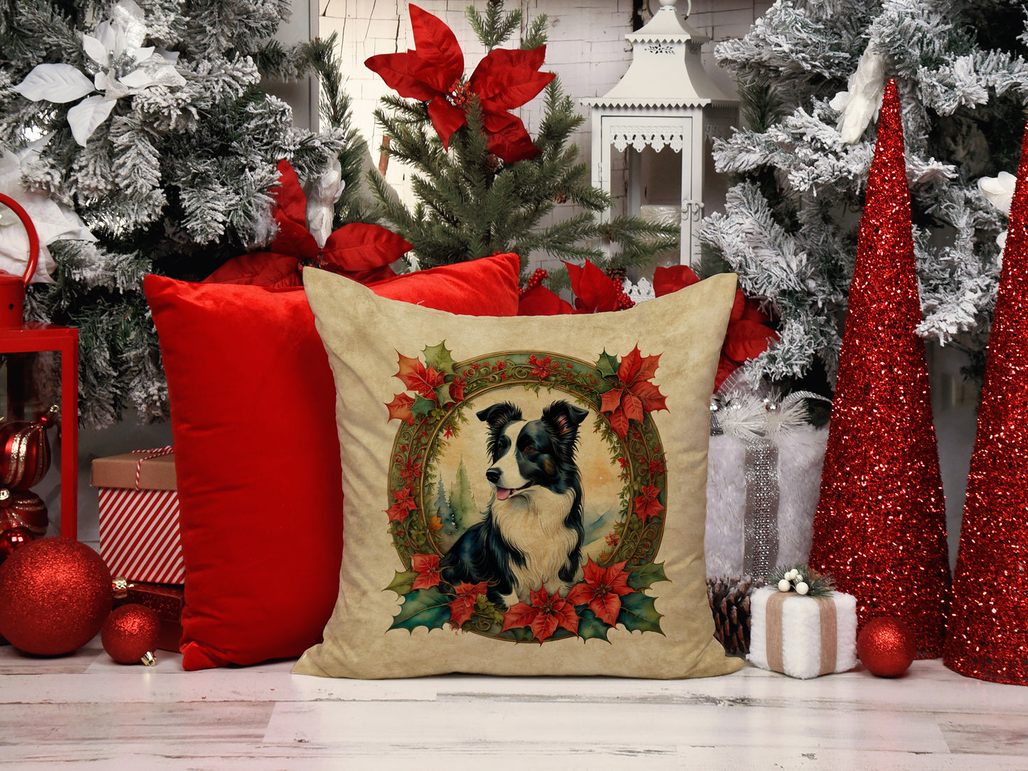 Border Collie Christmas Flowers Throw Pillow