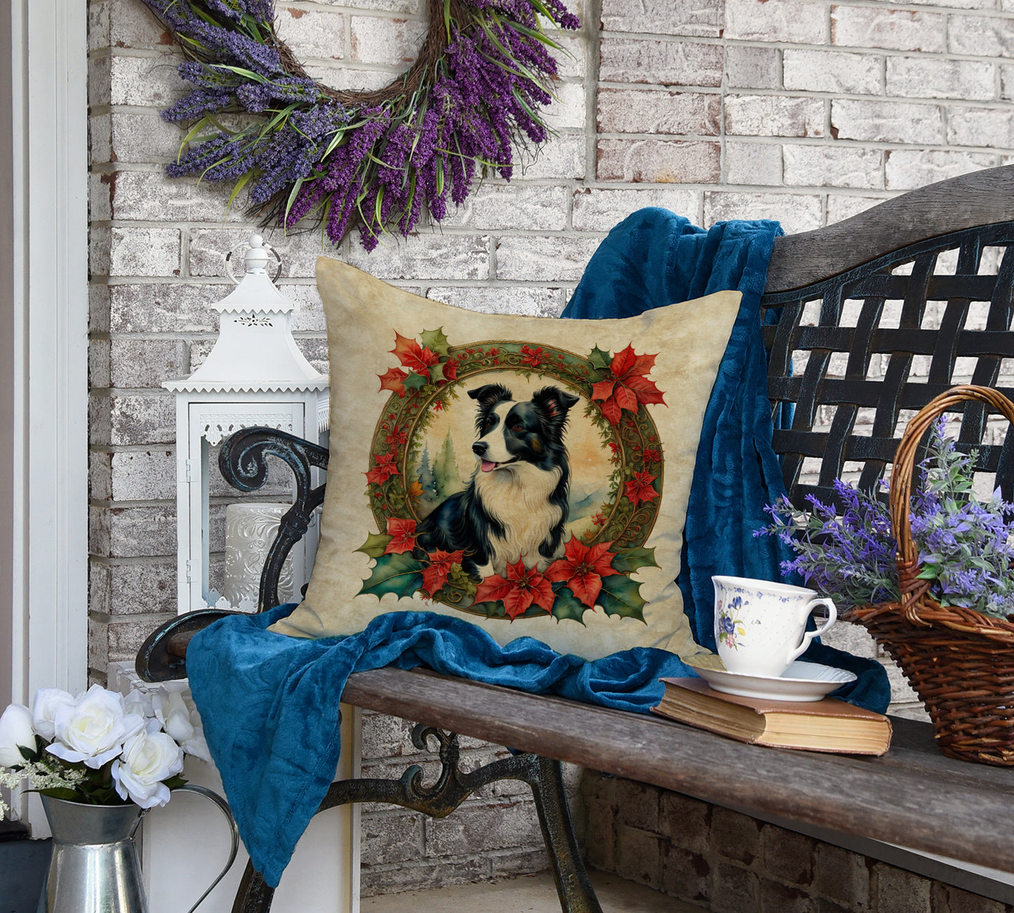 Border Collie Christmas Flowers Throw Pillow