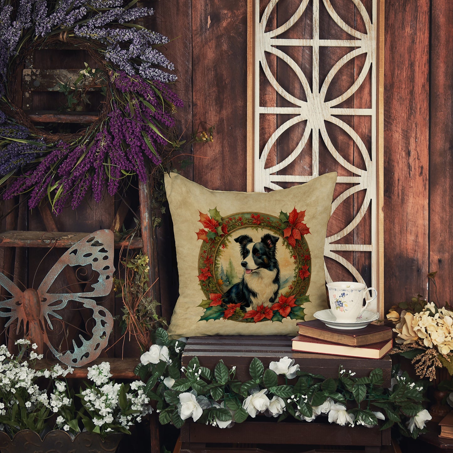 Border Collie Christmas Flowers Throw Pillow