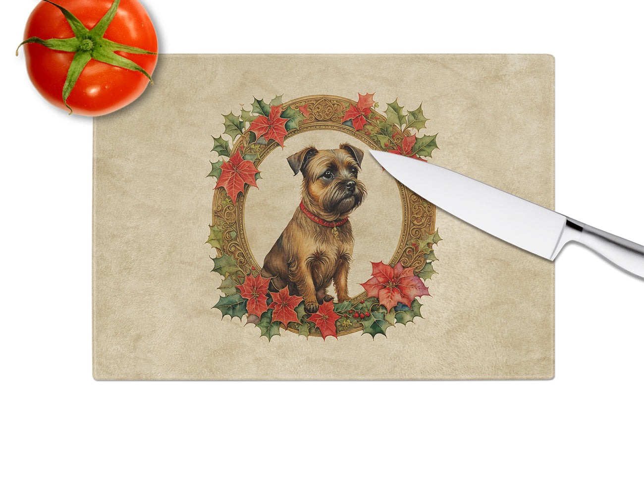 Border Terrier Christmas Flowers Glass Cutting Board