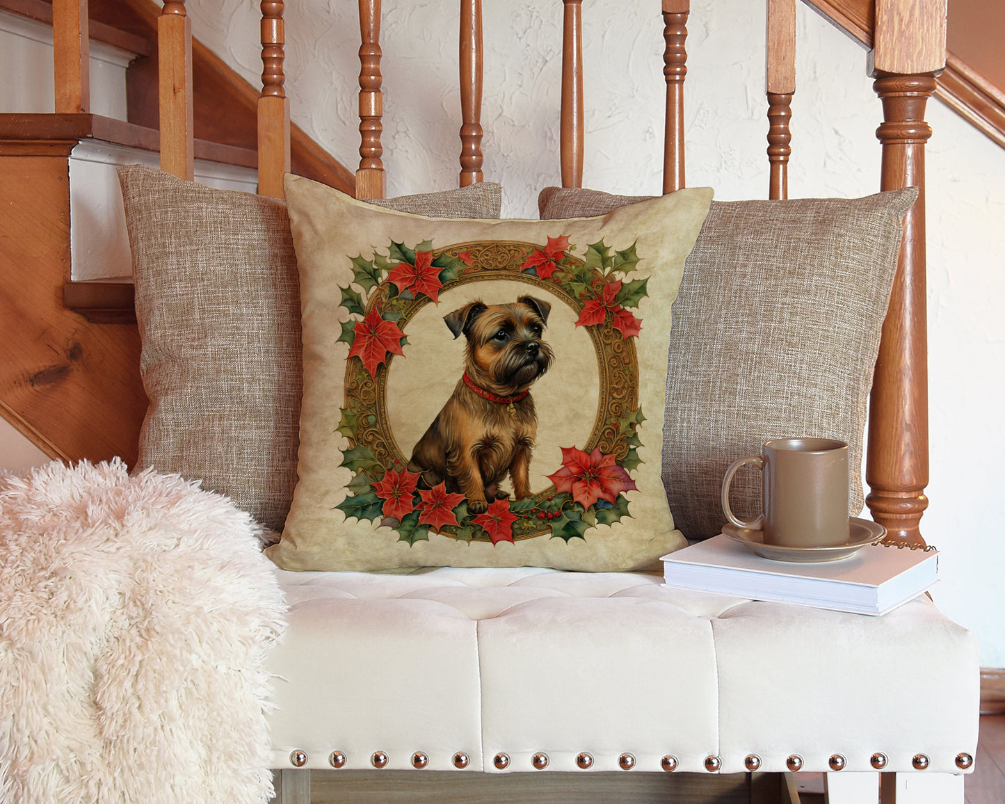 Border Terrier Christmas Flowers Throw Pillow