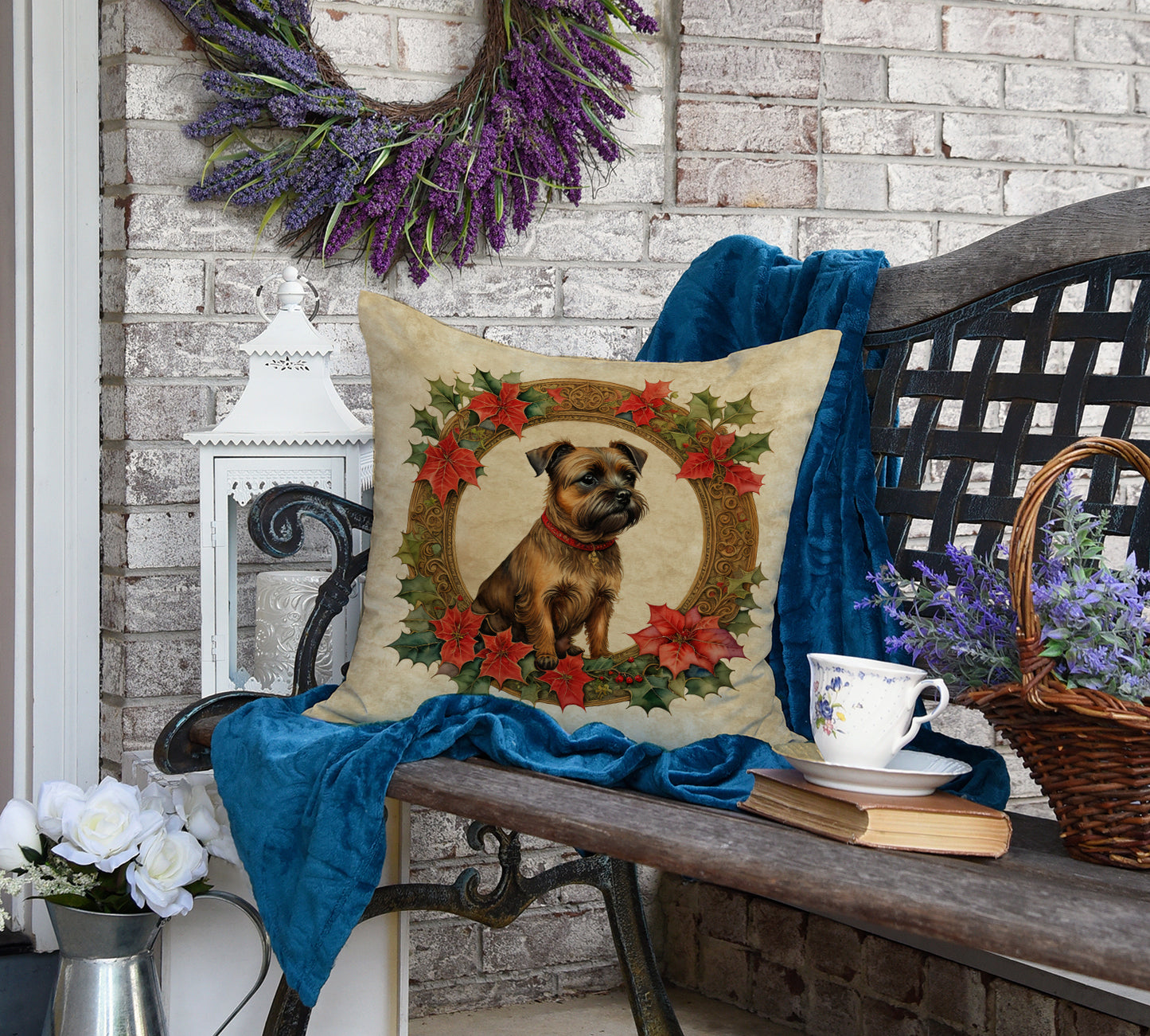 Border Terrier Christmas Flowers Throw Pillow