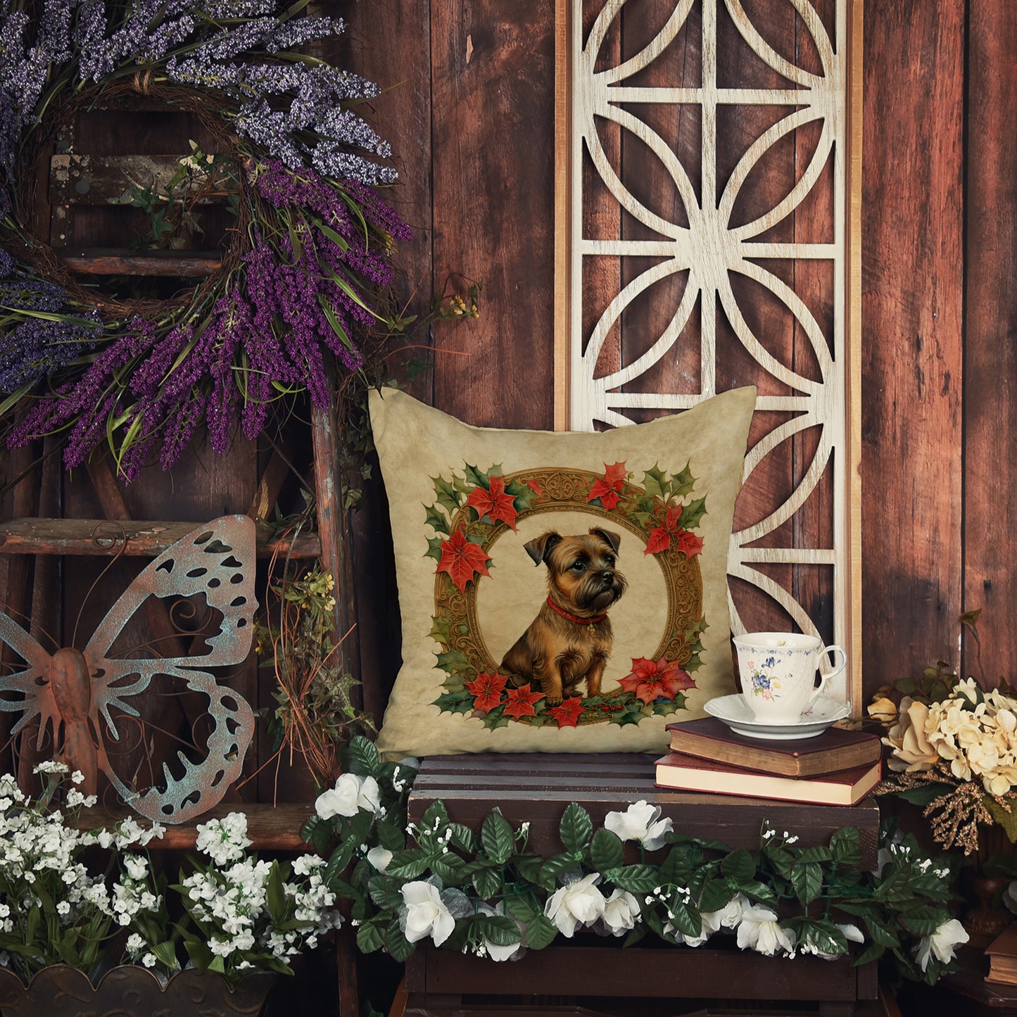 Border Terrier Christmas Flowers Throw Pillow