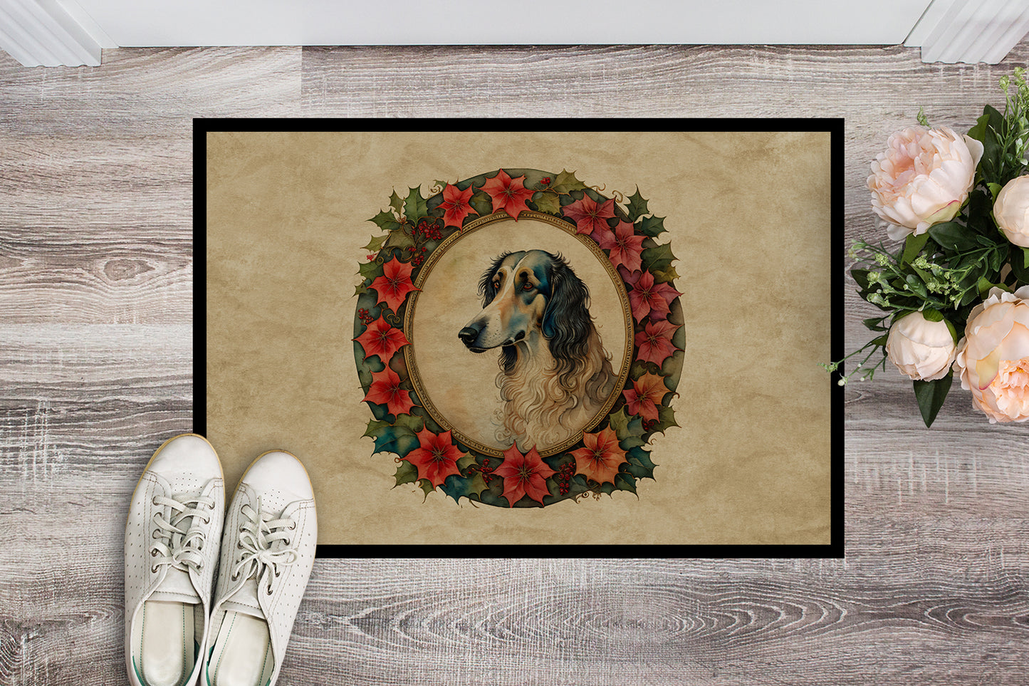 Borzoi Christmas Flowers Doormat