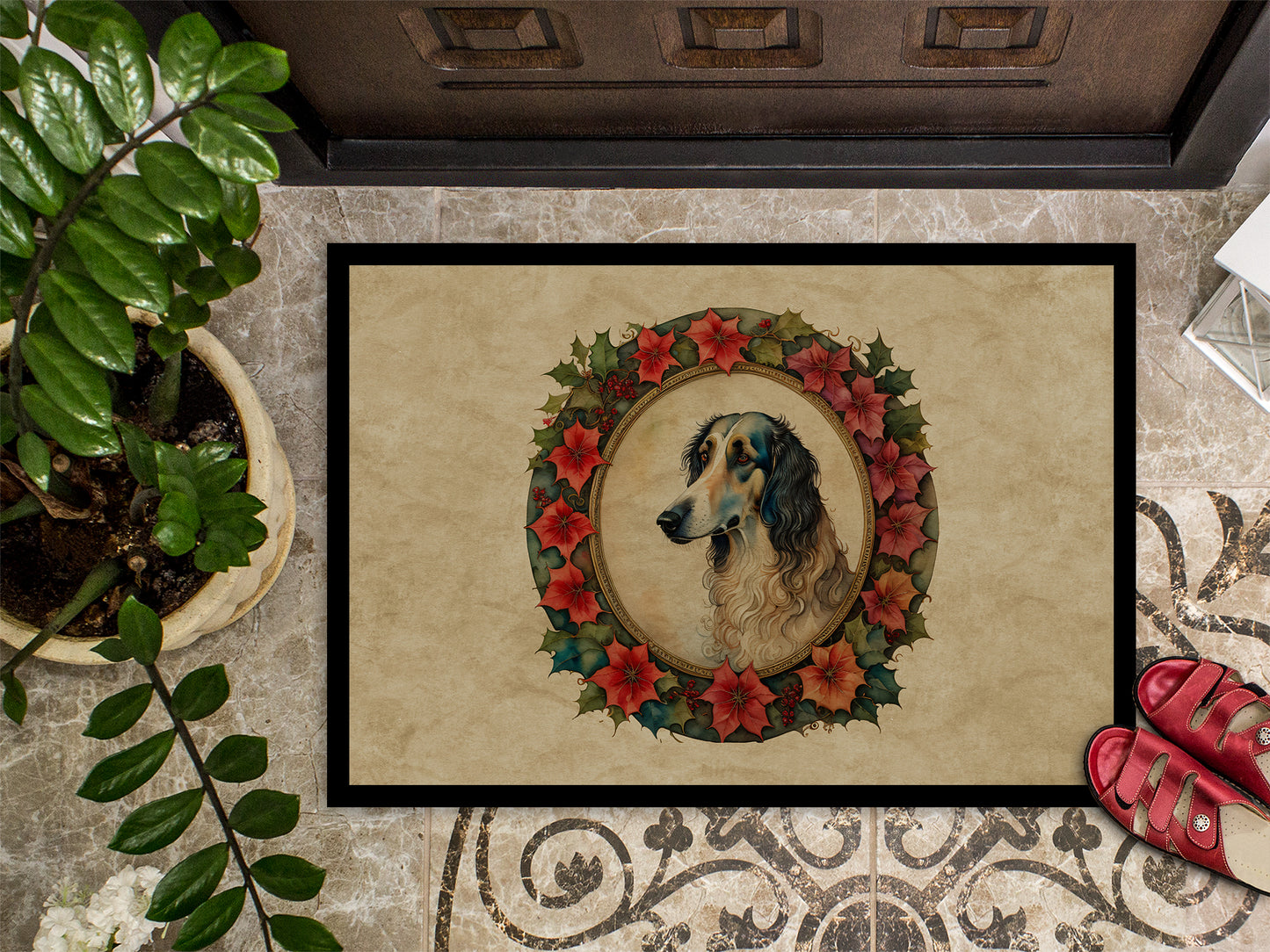 Borzoi Christmas Flowers Doormat