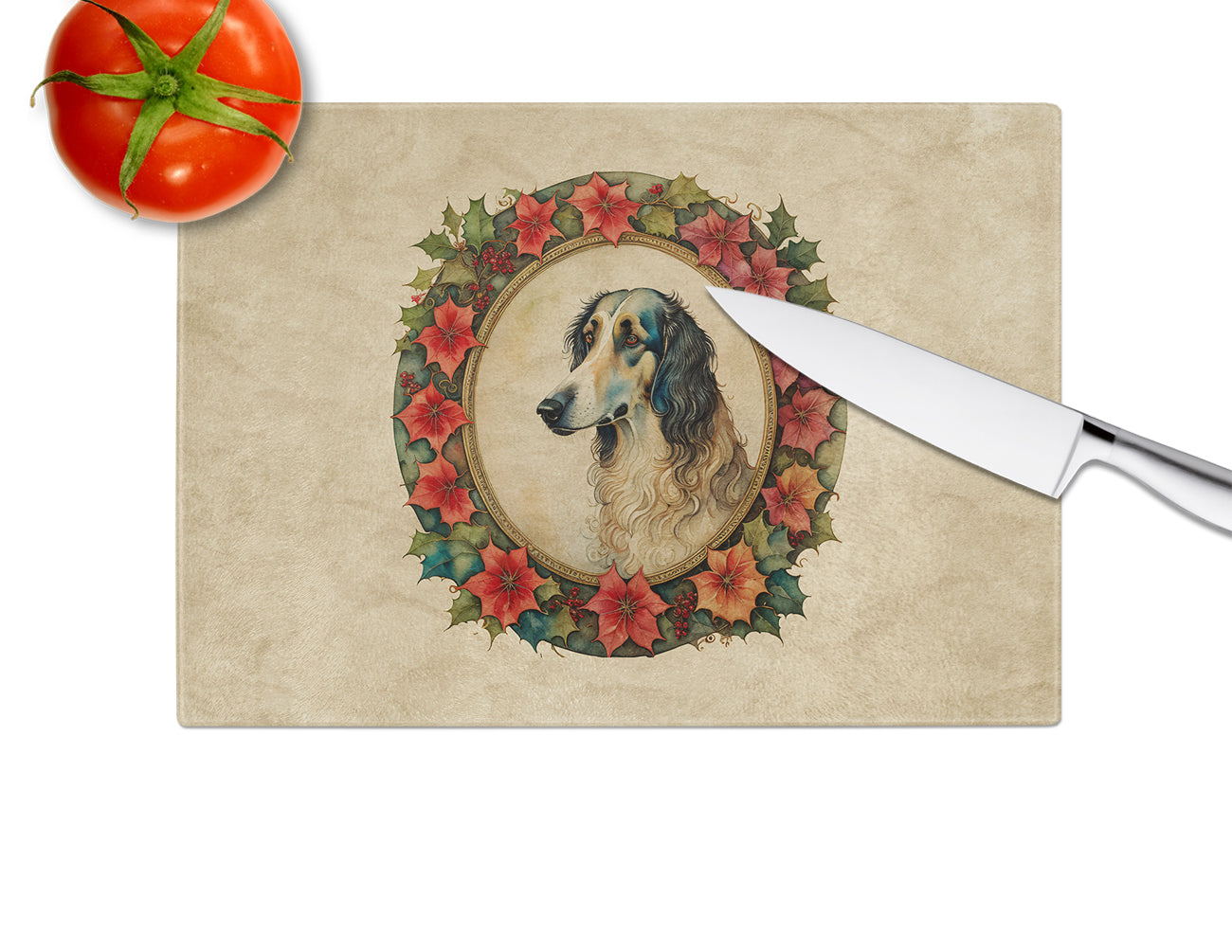 Borzoi Christmas Flowers Glass Cutting Board