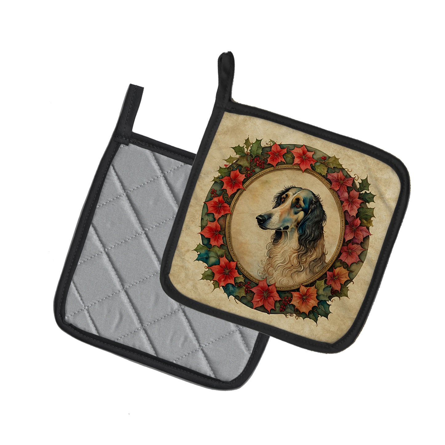 Borzoi Christmas Flowers Pair of Pot Holders