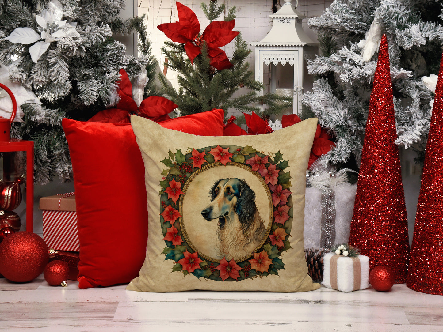 Borzoi Christmas Flowers Throw Pillow