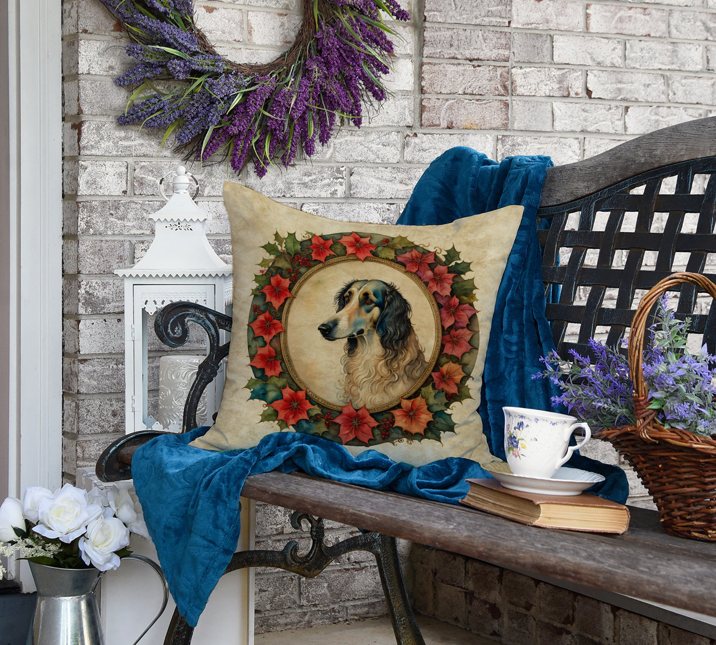 Borzoi Christmas Flowers Throw Pillow